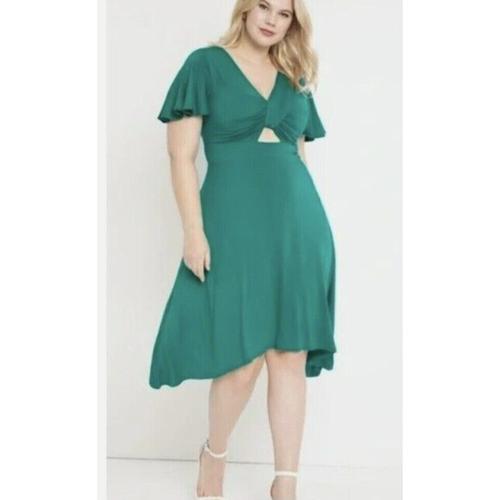 Eloquii Dress Womens Sz 18 Green Cut-Out Flutter Sleeve Knee Length Jersey New